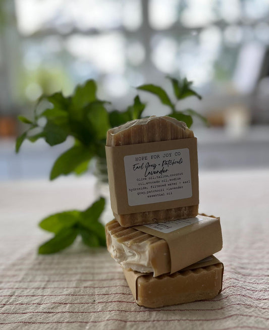 Earl gray + patchouli, lavender tallow soap